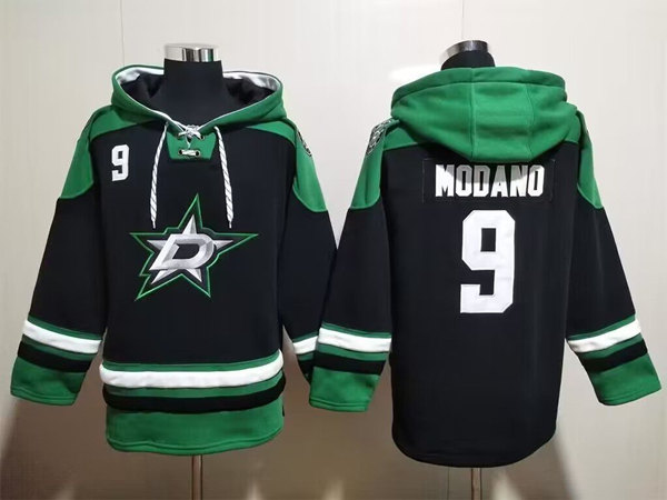 Men's Dallas Stars #9 Mike Modano Black Green Lace-Up Pullover Hoodie - Click Image to Close